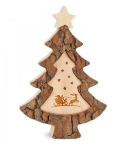 Waldfabrik, photophore en bois et étoile sapin de Noël Sapin De Noël En Bois Avec Gravure Père Noël Et Luge, 15 Cm Discount