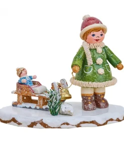 Hubrig, figurines pour enfant Village De Noël Miniature, Fillette Avec Petit Frere Sur Luge